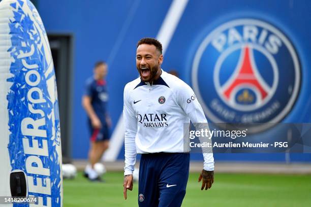 Neymar Jr reacts during a Paris Saint-Germain training session at PSG training center on August 26, 2022 in Paris, France.