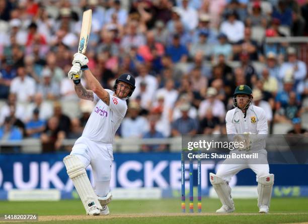 Ben Stokes of England hits a six as South Africa wicket keeper Kyle Verreynne looks on during day two of the Second LV= Insurance Test Match between...