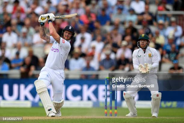 Ben Stokes of England hits a six as South Africa wicket keeper Kyle Verreynne looks on during day two of the Second LV= Insurance Test Match between...