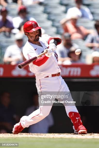 Kurt Suzuki of the Los Angeles Angels at bat during the second inning of a game between the Los Angeles Angels and the Seattle Mariners at Angel...