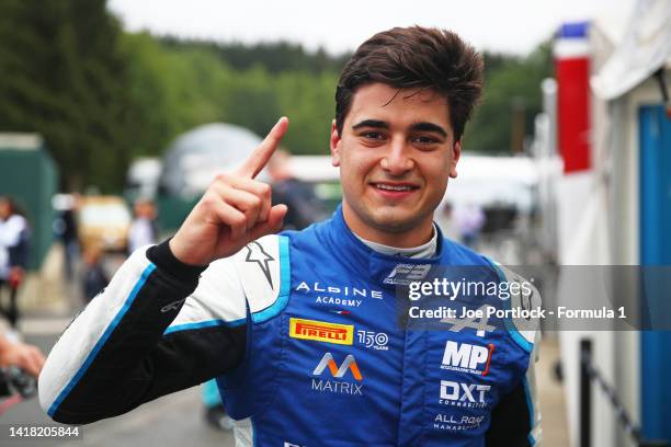 Pole position qualifier Caio Collet of Brazil and MP Motorsport celebrates in parc ferme during qualifying ahead of Round 7:Spa-Francorchamps of the...