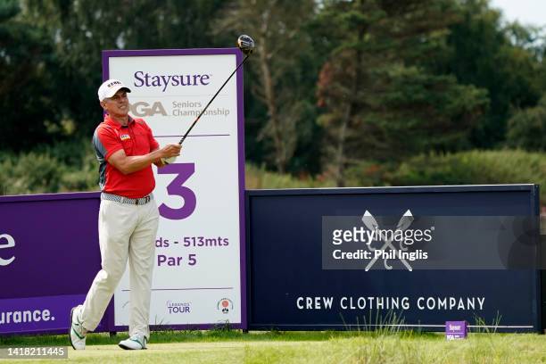 Adilson Da Silva of Brazi in action during Day Two of the Staysure PGA Seniors Championship 2022 at Formby Golf Club on August 26, 2022 in Formby,...