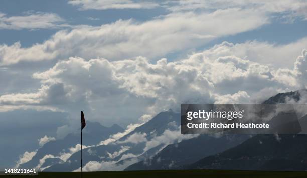 General view of the 7th green during Day Two of the Omega European Masters at Crans-sur-Sierre Golf Club on August 26, 2022 in Crans-Montana,...