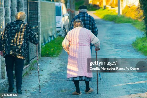 three senior people walking along the street sidewalk. - grandma cane bildbanksfoton och bilder