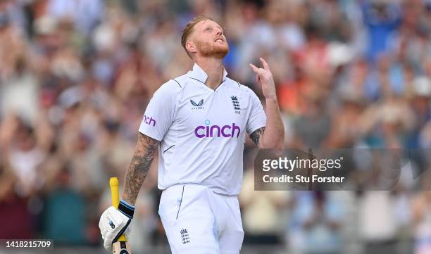 England batsman Ben Stokes reaches his century during day two of the second test match between England and South Africa at Old Trafford on August 26,...