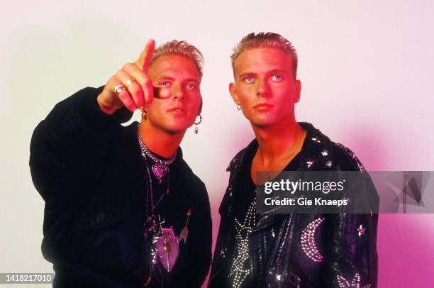 Studio portrait of Bros, Twin brothers Matt Goss and Luke Goss, Diamond Awards Festival, Sportpaleis, Antwerpen, Belgium, 17th November 1989.