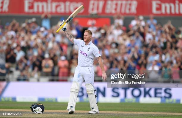 England batsman Ben Stokes reaches his century during day two of the second test match between England and South Africa at Old Trafford on August 26,...