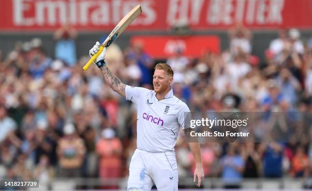 England batsman Ben Stokes reaches his century during day two of the second test match between England and South Africa at Old Trafford on August 26,...