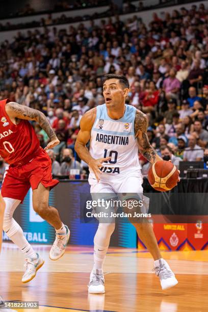 Carlos Delfino of Argentina looks to pass the ball in the game against Canada during the Second Round of the FIBA World Cup 2023 Americas Qualifiers...