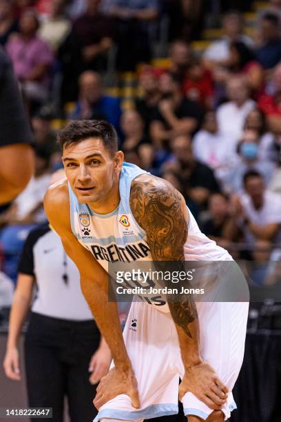 Carlos Delfino of Argentina reacts after a call against Canada during the Second Round of the FIBA World Cup 2023 Americas Qualifiers at...