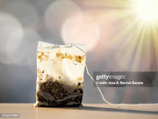infusion of grasses of tea (tea bag ) illuminated by sunlight. - chamomile tea bag stock pictures, royalty-free photos & images