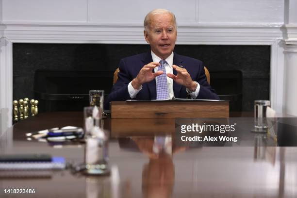 President Joe Biden speaks during a meeting with state and local elected officials on Women’s Equality Day at the Roosevelt Room of the White House...