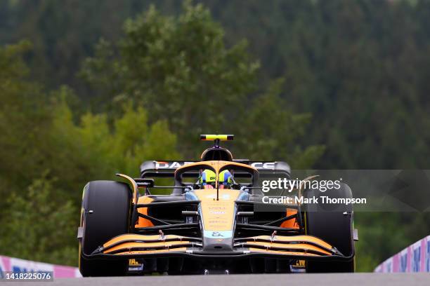 Lando Norris of Great Britain driving the McLaren MCL36 Mercedes on track during practice ahead of the F1 Grand Prix of Belgium at Circuit de...