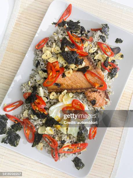 garlic shiitake fried rice and baked salted salmon - square plate stock pictures, royalty-free photos & images