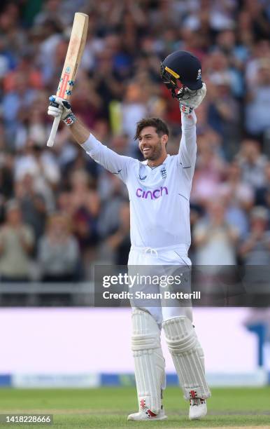 Ben Foakes of England reaches his century during day two of the Second LV= Insurance Test Match between England and South Africa at Old Trafford on...