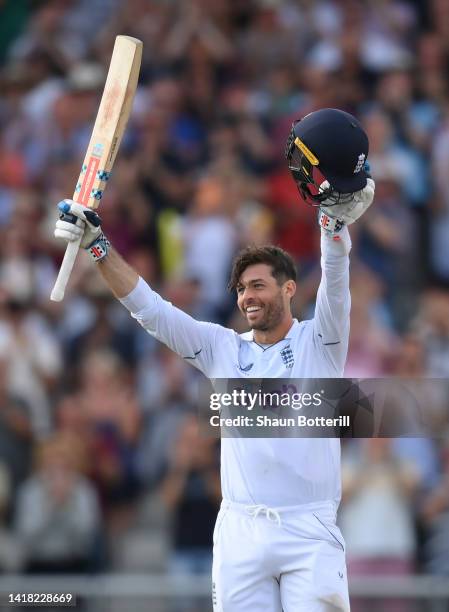 Ben Foakes of England reaches his century during day two of the Second LV= Insurance Test Match between England and South Africa at Old Trafford on...