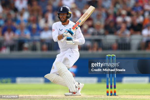 Ben Foakes of England pulls to the legside during day two of the LV= Insurance 2nd Test match between England and South Africa at Old Trafford on...