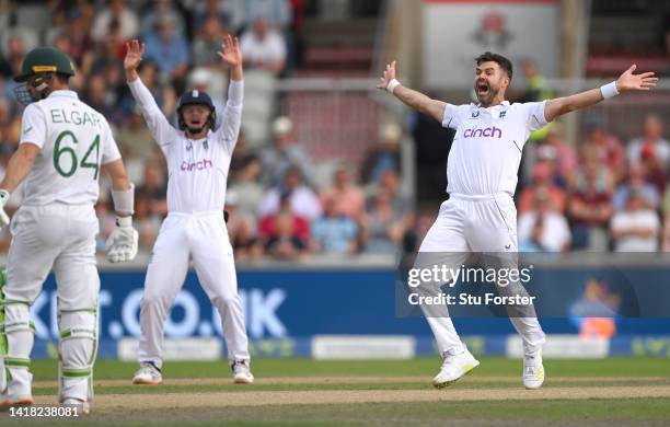 England bowler James Anderson appeals in vain for an lbw decision during day two of the second test match between England and South Africa at Old...