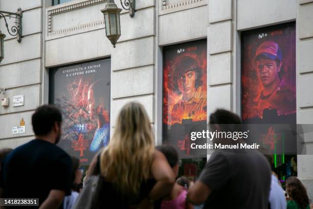 Fans wait to enter during the "Stranger Things" Exhibition at Movistar Centre on August 26, 2022 in Barcelona, Spain.