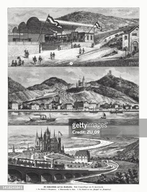 stockillustraties, clipart, cartoons en iconen met drachenfels railway, north rhine-westphalia, germany, wood engraving, published in 1885 - aachen 2017 prize of north rhine westphalia