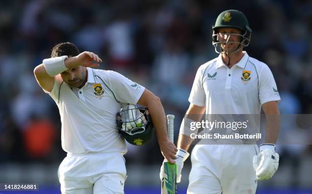 South Africa captain Dean Elgar and opening partner Sarel Erwee leave the field after day two of the Second LV= Insurance Test Match between England...