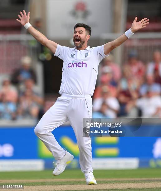 England bowler James Anderson appeals in vain for an lbw decision during day two of the second test match between England and South Africa at Old...