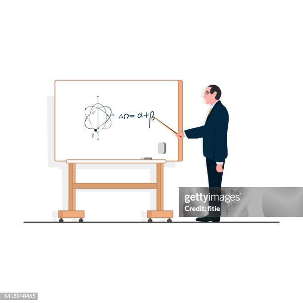 der glatzköpfige professor mittleren alters sprach neben dem whiteboard über physik. - weiße tafel stock-grafiken, -clipart, -cartoons und -symbole