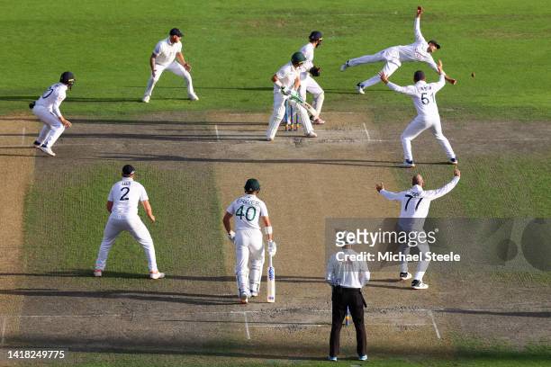 South Africa's Dean Elgar looks back as Joe Root of England narrowly misses taking a catch off the bowlng of Jack Leach during day two of the LV=...