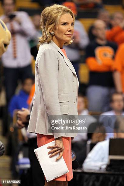 Personality Lesley Visser looks on during the 2012 NCAA Men's Basketball East Regional Final at TD Garden on March 24, 2012 in Boston, Massachusetts.