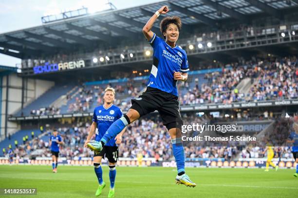 Masaya Okugawa of Bielefeld celebrates scoring his teams fourth goal during the Second Bundesliga match between DSC Arminia Bielefeld and Eintracht...