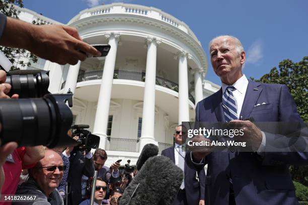 President Joe Biden speaks to members of the press prior to a Marine One departure from the White House to Maryland August 26, 2022 in Washington,...
