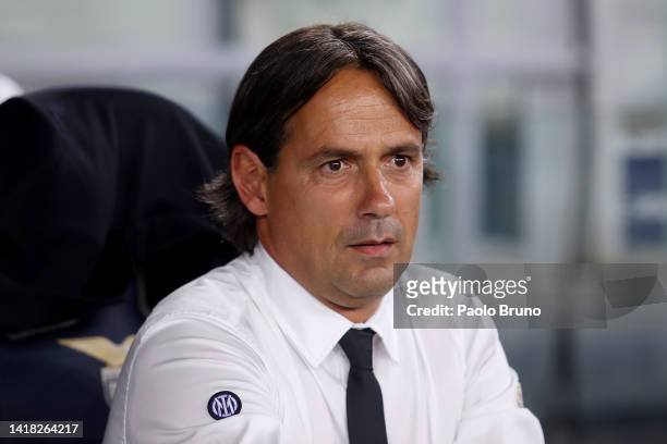Simone Inzaghi, head coach of FC Internazionale looks on prior to the Serie A match between SS Lazio and FC Internazionale at Stadio Olimpico on...