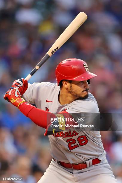 Nolan Arenado of the St. Louis Cardinals at bat against the Chicago Cubs at Wrigley Field on August 24, 2022 in Chicago, Illinois.
