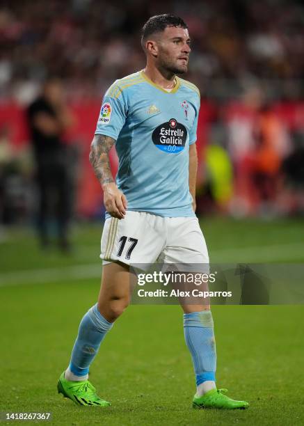 Javi Galan of RC Celta reacts during the LaLiga Santander match between Girona FC and RC Celta at Montilivi Stadium on August 26, 2022 in Girona,...