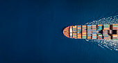 Aerial top down view of a large container cargo ship with copy space