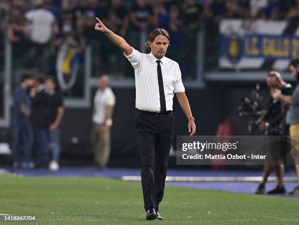 Head coach of FC Internazionale Simone Inzaghi reacts durin the Serie A match between SS Lazio and FC Internazionale at Stadio Olimpico on August 26,...