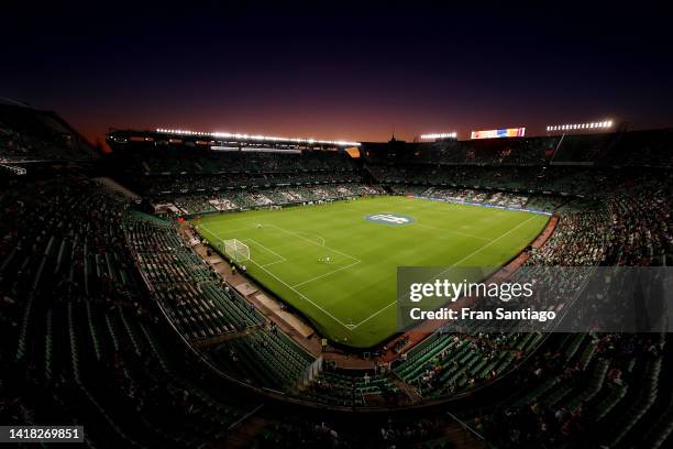 General view inside the stadium as sunsets prior to the LaLiga Santander match between Real Betis and CA Osasuna at Estadio Benito Villamarin on...