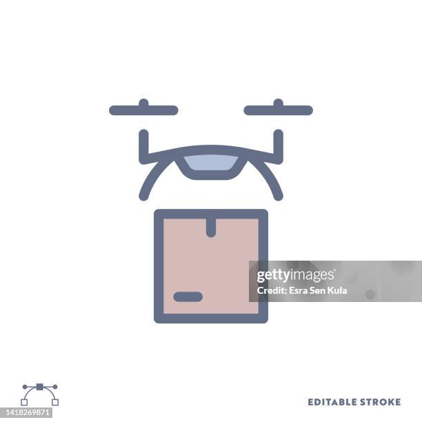 drone delivery color flat line icon design with editable stroke. suitable for web page, mobile app, ui, ux and gui design. - drone shot stock illustrations