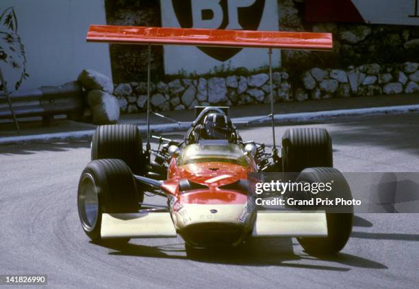 Graham Hill of Great Britain drives the high rear winged Gold Leaf Team Lotus Lotus 49B Ford Cosworth V8 during practice for the Monaco Grand Prix on...