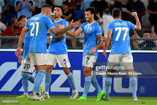 Felipe Anderson of SS Lazio celebrates an opening goal during the Serie A match between SS Lazio and FC Internazionale at Stadio Olimpico on August...