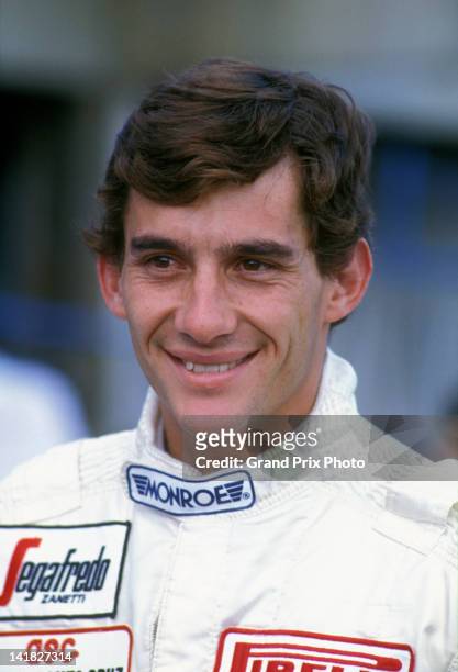 Ayrton Senna of Brazil, driver of the Toleman Group Motorsport Toleman TG183B Hart S4 turbo during practice for the Brazilian Grand Prix on 24th...