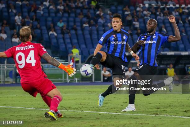 Lautaro Martínez of FC Internazionale scores a goal during the Serie A match between SS Lazio and FC Internazionale at Stadio Olimpico on August 26,...