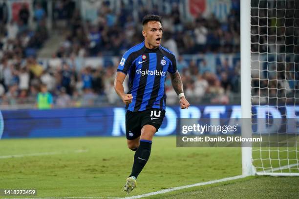 Lautaro Martínez of FC Internazionale score a goal during the Serie A match between SS Lazio and FC Internazionale at Stadio Olimpico on August 26,...