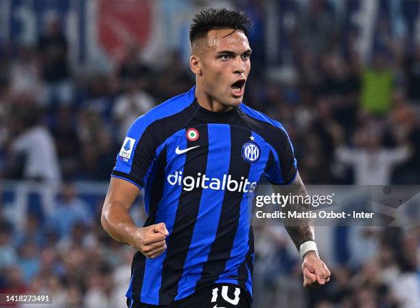 Lautaro Martinez of FC Internazionale celebrates after scoring the goal during the Serie A match between SS Lazio and FC Internazionale at Stadio...