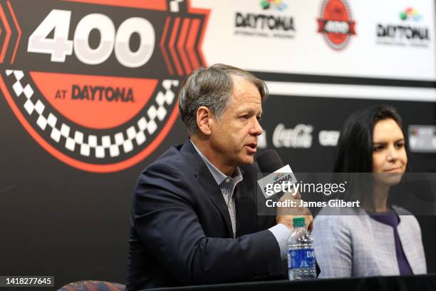 Daryl Wolfe, EVP and Chief Revenue Officer, NASCAR speaks as Tabata Gomez, Chief Marketing Officer, Stanley Black and Decker looks on during the...