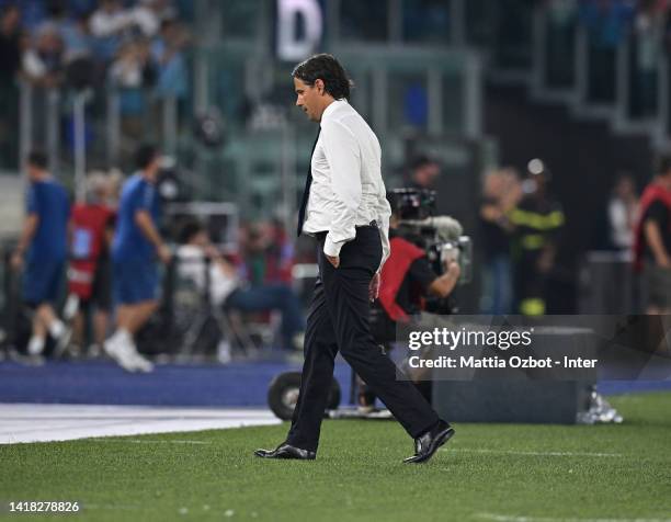 Head coach of FC Internazionale Simone Inzaghi reacts durin the Serie A match between SS Lazio and FC Internazionale at Stadio Olimpico on August 26,...