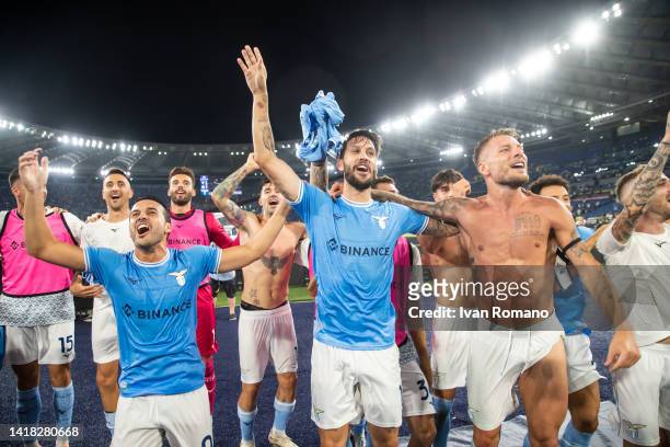 Pedro, Luis Alberto and Ciro Immobile of SS Lazio celebrate after the Serie A match between SS Lazio and FC Internazionale at Stadio Olimpico on...