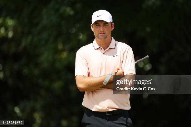 Scottie Scheffler of the United States looks on over the second green during the second round of the TOUR Championship at East Lake Golf Club on...