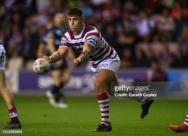 Brad O'Neill of Wigan during the Betfred Super League match between Wigan Warriors and St Helens at DW Stadium on August 26, 2022 in Wigan, England.