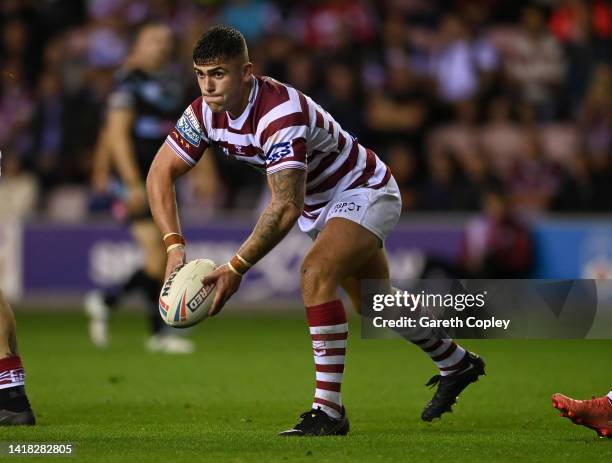 Brad O'Neill of Wigan during the Betfred Super League match between Wigan Warriors and St Helens at DW Stadium on August 26, 2022 in Wigan, England.